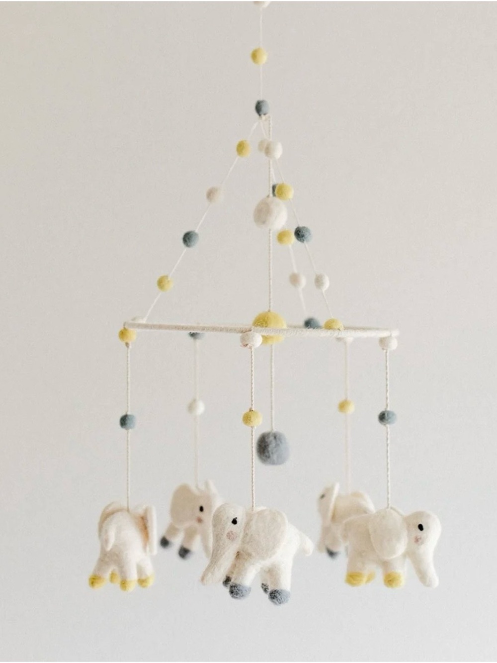 Pehr Baby White Elephant Nursery Mobile with Yellow & Blue wool Accents